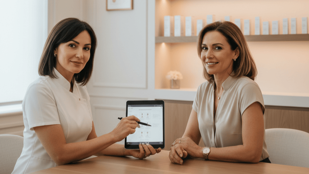 Aesthetic practitioner showing a tablet during a consultation for PRP and energy based device treatment in a modern clinic setting.