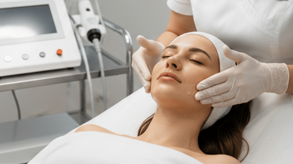 Combining Exosomes, PRP and Autologous Biofiller with Energy-Based Devices-Regenerative Aesthetics Consultation PRP and Biofiller Planning (1) Clinician performing a facial treatment in a medical aesthetics clinic using an energy-based device alongside regenerative protocols such as PRP.